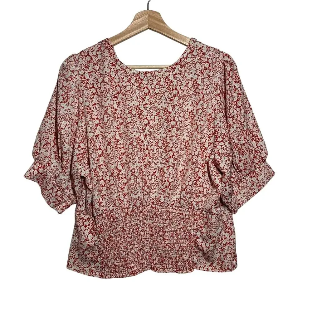 Abercrombie & Fitch Floral Faux Wrap Top Sz XL Short Puff Sleeves Cottagecore